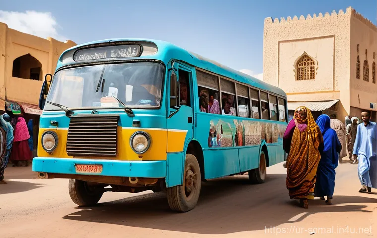 소말릴란드 대중교통 이용법 - **A vibrant Dala Dala, a 32-seater public bus, bustling with diverse passengers in Hargeisa, Somalil...