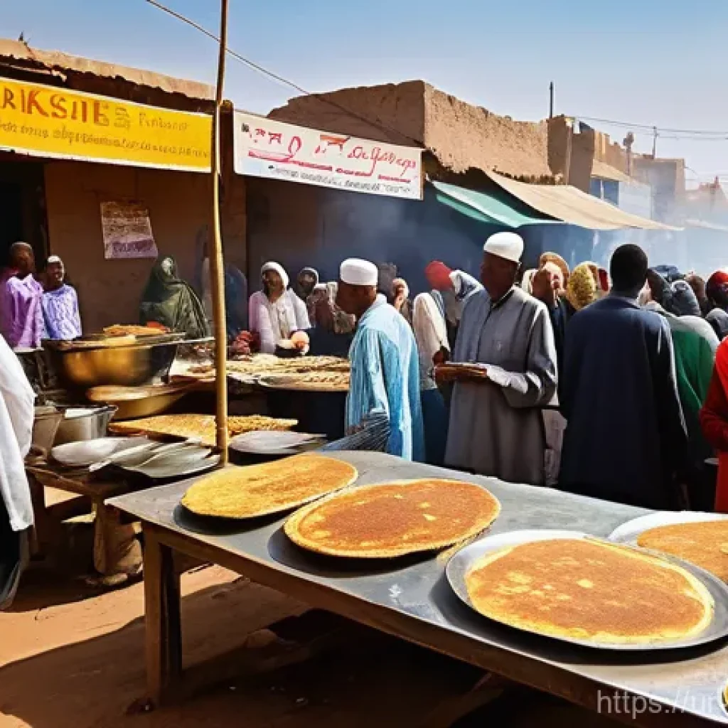 소말릴란드 길거리 음식 체험 - **Prompt:** A vibrant and bustling morning scene at a traditional Somaliland market, capturing the e...