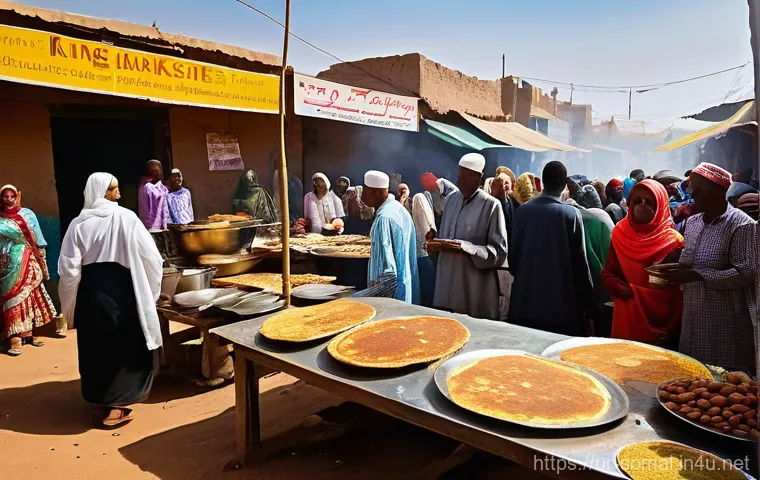 소말릴란드 길거리 음식 체험 - **Prompt:** A vibrant and bustling morning scene at a traditional Somaliland market, capturing the e...