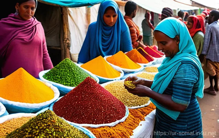 소말릴란드 길거리 음식 체험 - **Prompt:** A vibrant and bustling morning scene at a traditional Somaliland market, capturing the e...
