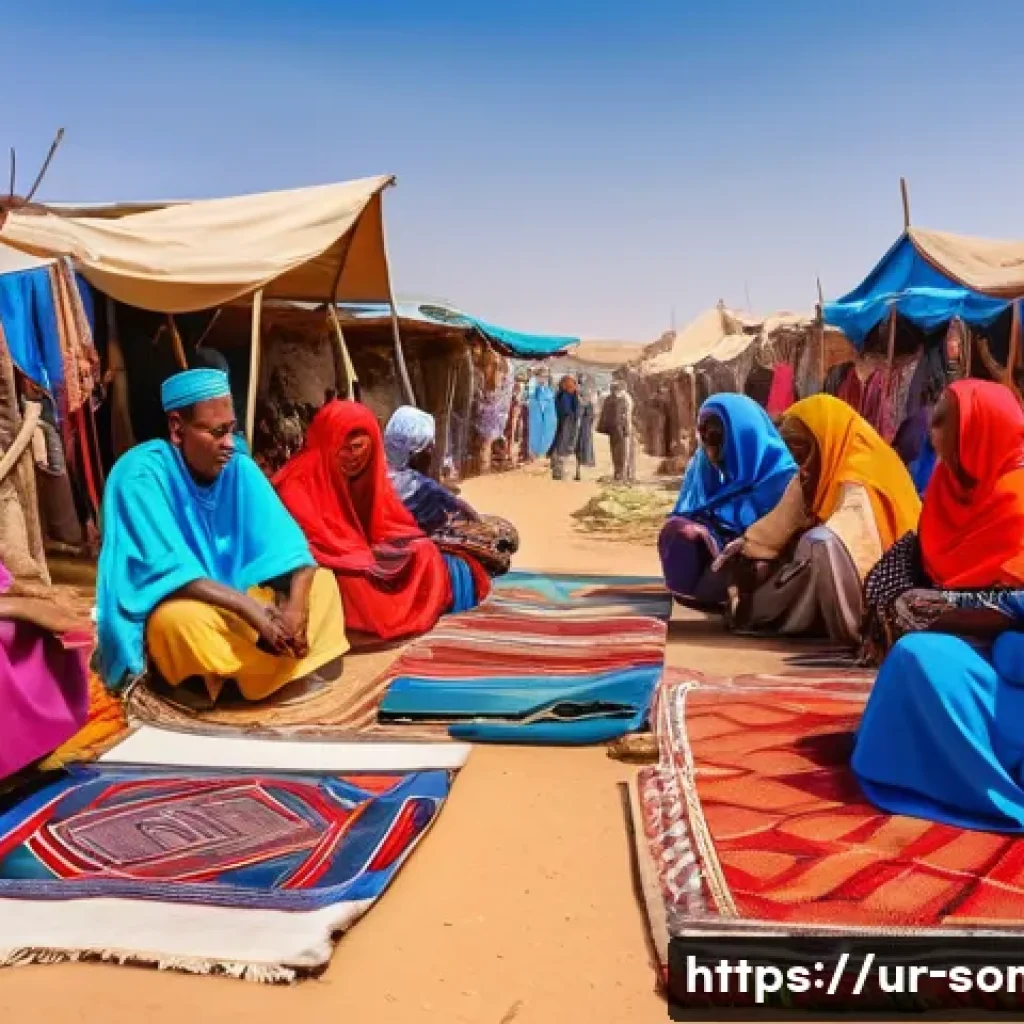 소말릴란드의 주요 도시별 특징 - A vibrant marketplace scene in Borama, Somaliland, showcasing traditional Somali clothing and handcr...