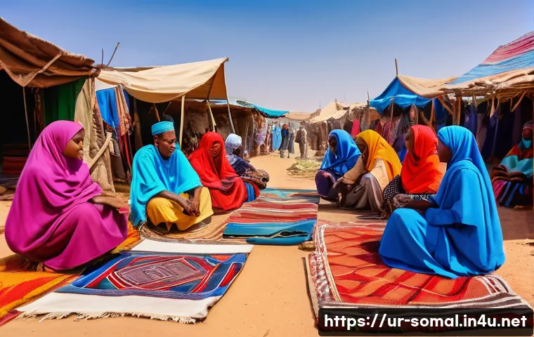 소말릴란드의 주요 도시별 특징 - A vibrant marketplace scene in Borama, Somaliland, showcasing traditional Somali clothing and handcr...