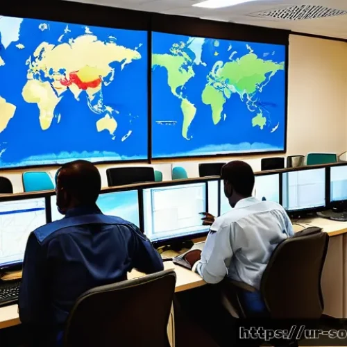 Home 32 소말릴란드에서 의료 지원 요청 방법 - A detailed scene of a modern emergency call center in Somaliland, featuring trained operators wearin...