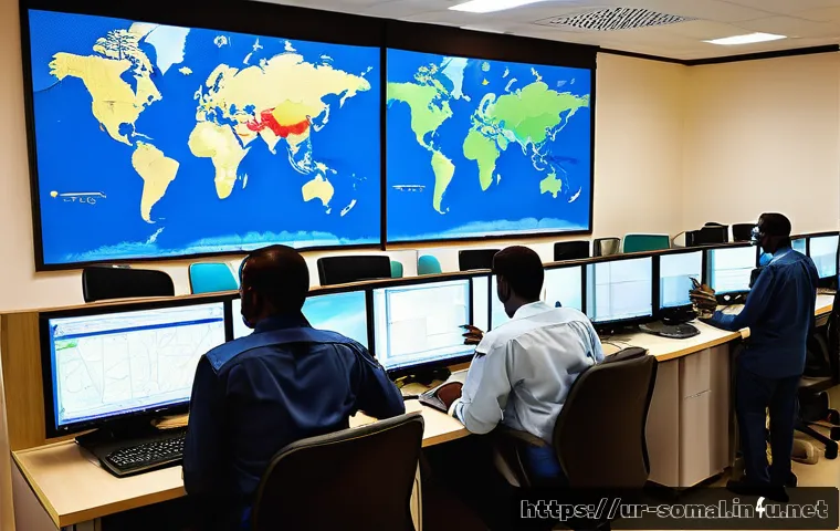 소말릴란드에서 의료 지원 요청 방법 - A detailed scene of a modern emergency call center in Somaliland, featuring trained operators wearin...