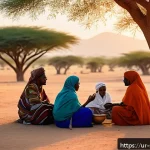 Home 18 소말릴란드와 소말리아 분쟁의 현재 - A detailed scene of a Somali community meeting in a rural village setting, showcasing local men and ...