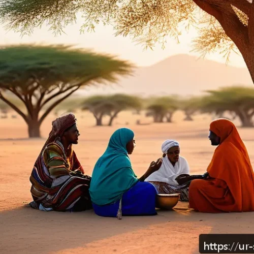 Home 30 소말릴란드와 소말리아 분쟁의 현재 - A detailed scene of a Somali community meeting in a rural village setting, showcasing local men and ...