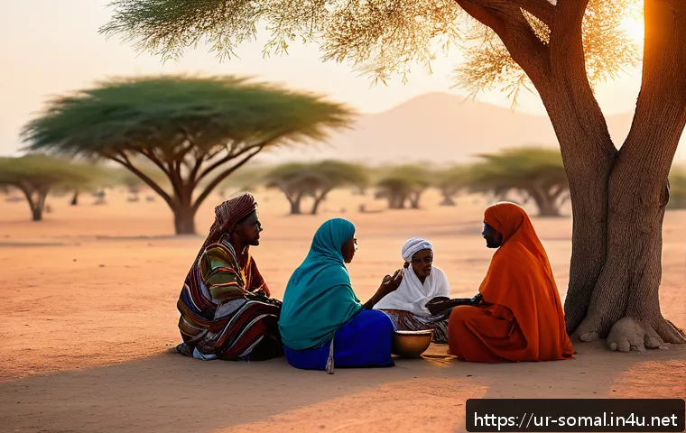 소말릴란드와 소말리아 분쟁의 현재 - A detailed scene of a Somali community meeting in a rural village setting, showcasing local men and ...