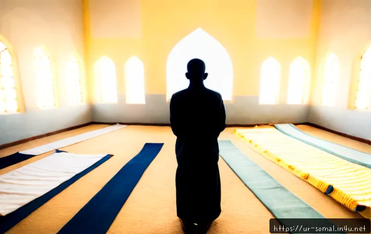 Home 17 소말릴란드의 종교적 관습 - Photorealistic wide interior of a Somaliland mosque at golden sunrise, adult Somali men in modest cl...