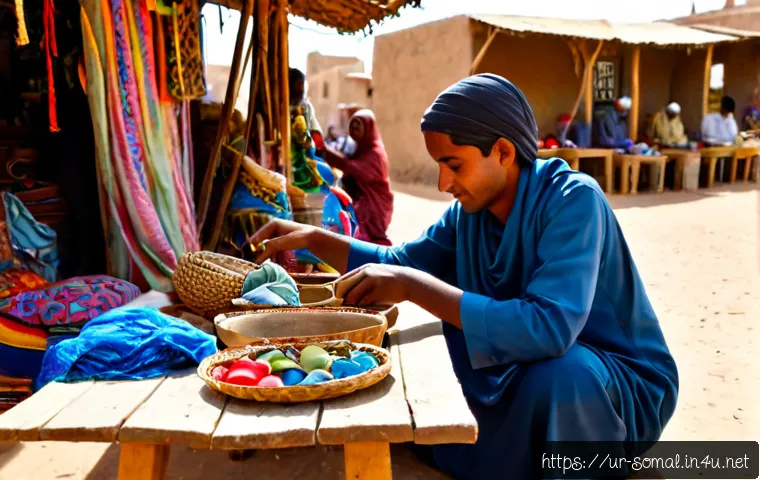 Home 17 소말릴란드의 비공식 기념품 시장 - Photorealistic open-air unofficial souvenir market in Somaliland, a friendly local vendor arranging ...